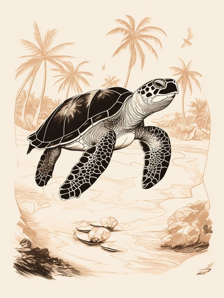 Neutral Tones Sea Turtle Line Illustration Retro