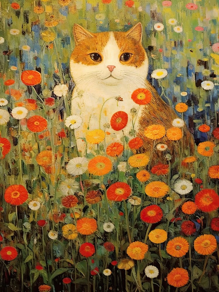 Flower Garden And A Ginger Cat, Inspired By Klimt 3
