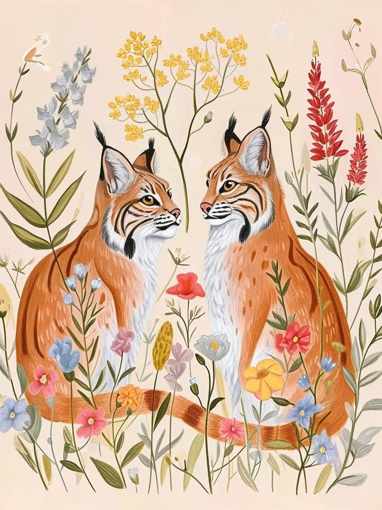 Folksy Floral Animal Drawing Bobcat