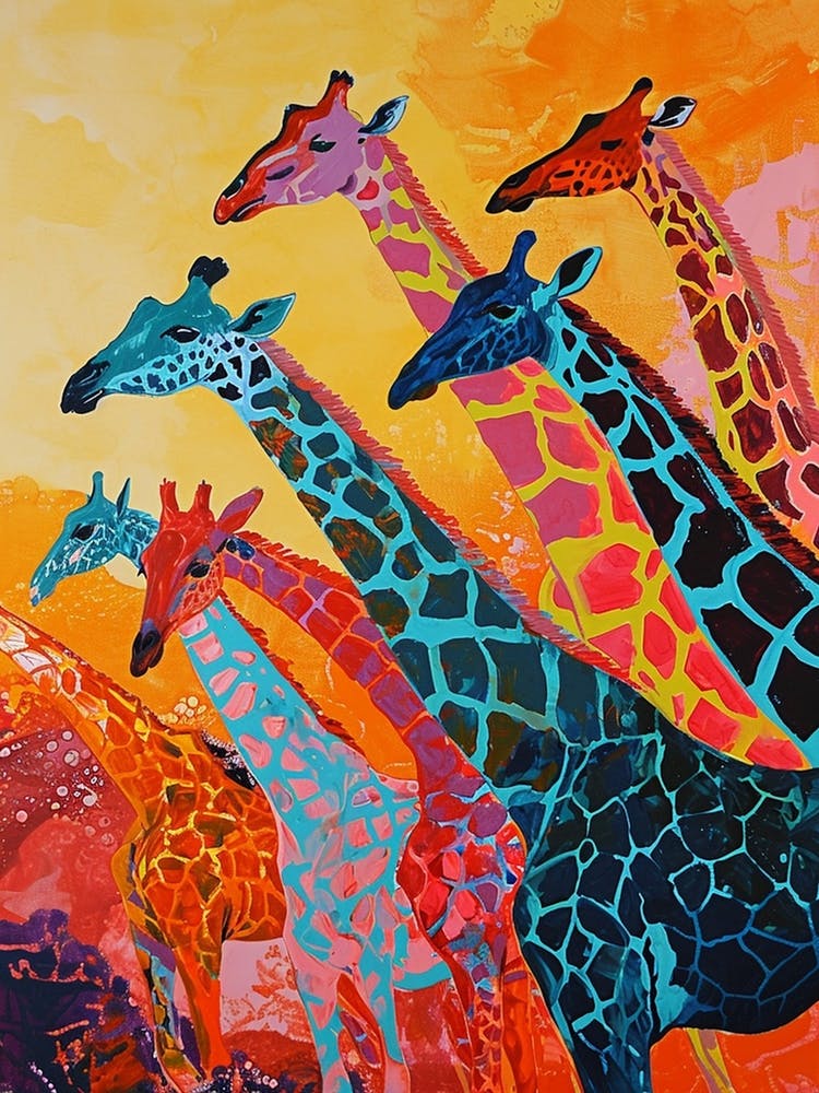 Colourful Giraffe Herd Painting 1