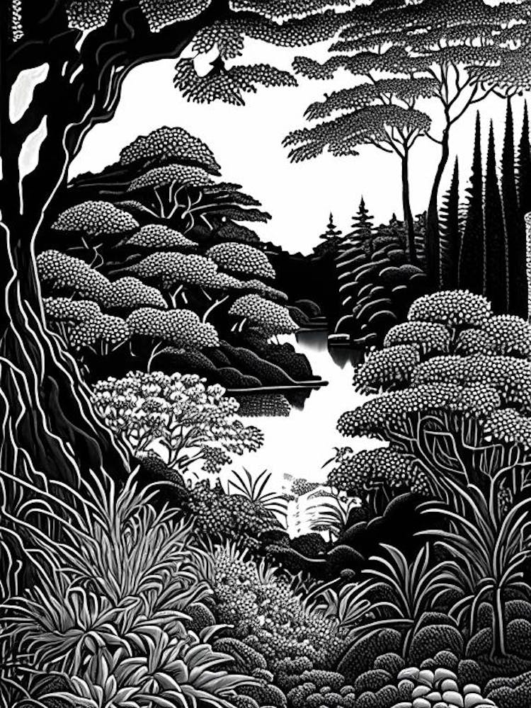 The Garden Of Morning Calm, 1, Südkorea Linolschnitt Schwarz-Weiß Vintage