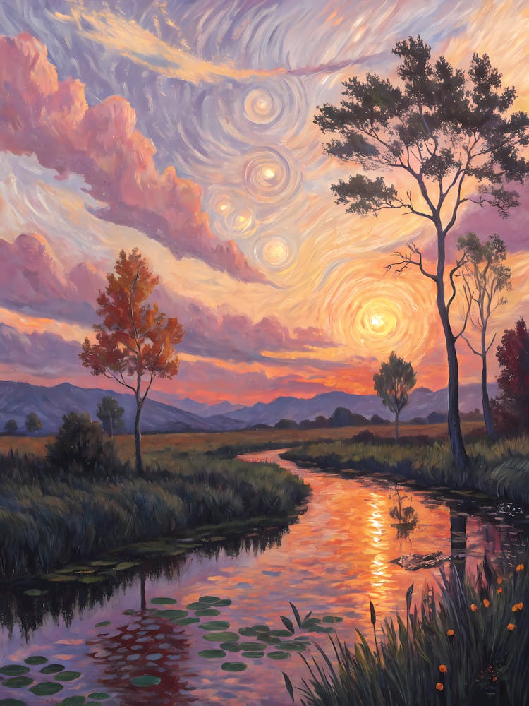 Van Gogh River Landscape Sunset Sky & Forest Trees