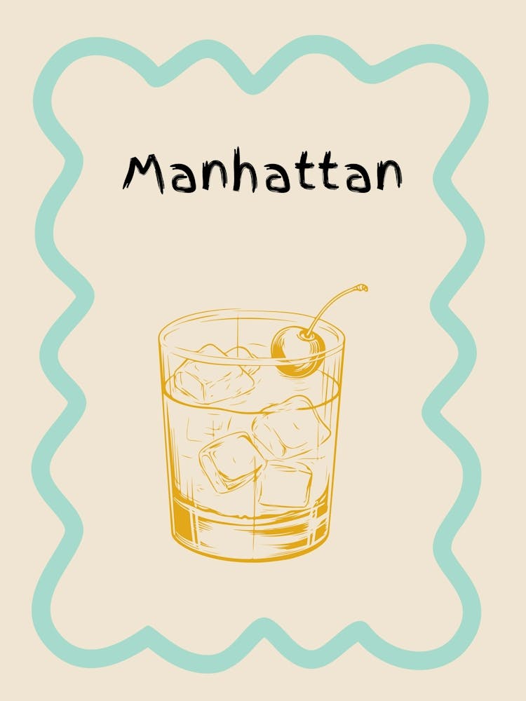 Manhattan Cocktail Doodle Poster Teal & Orange