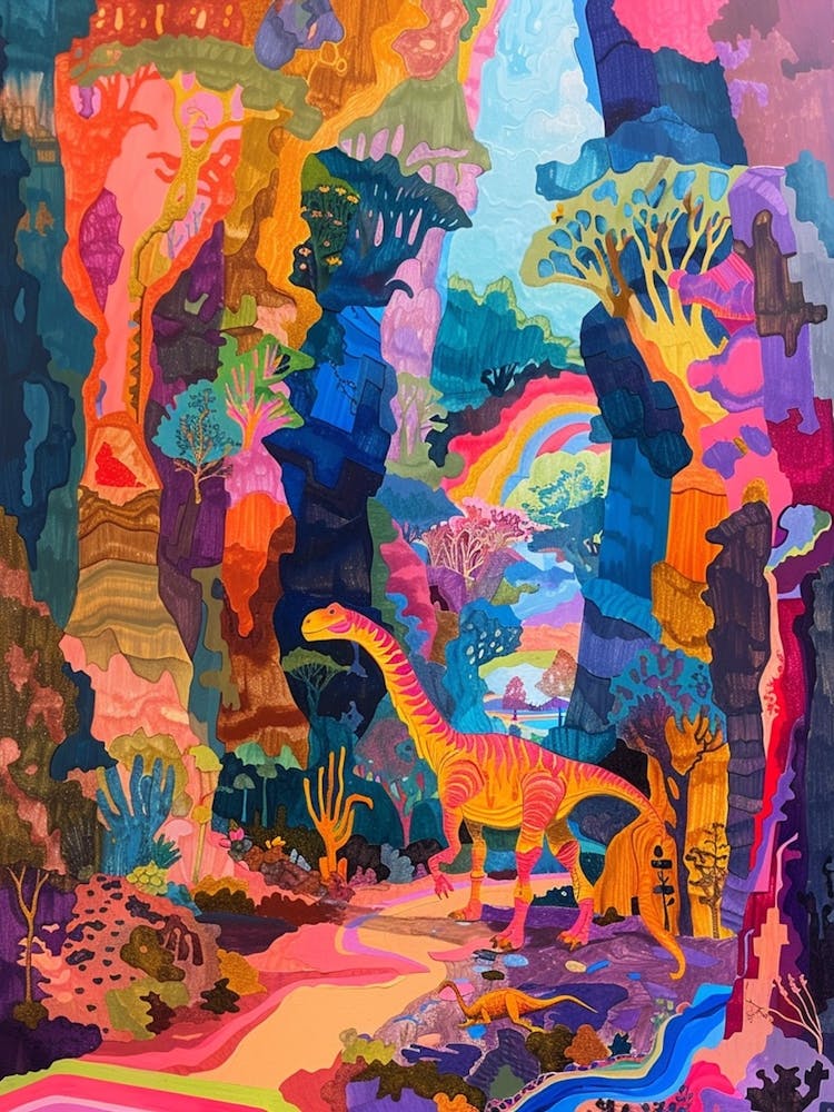 Dinosaur In The Colourful Cave Painting 1