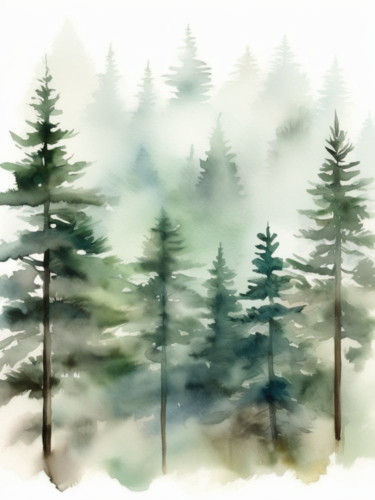 Appalachian Mountains of Misty Pines Watercolor Print of Evergreen Forest..136