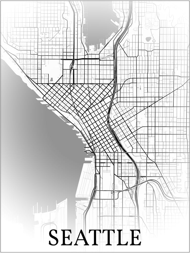 Seattle, Washington, United States, City Map, Black And White Fade Design