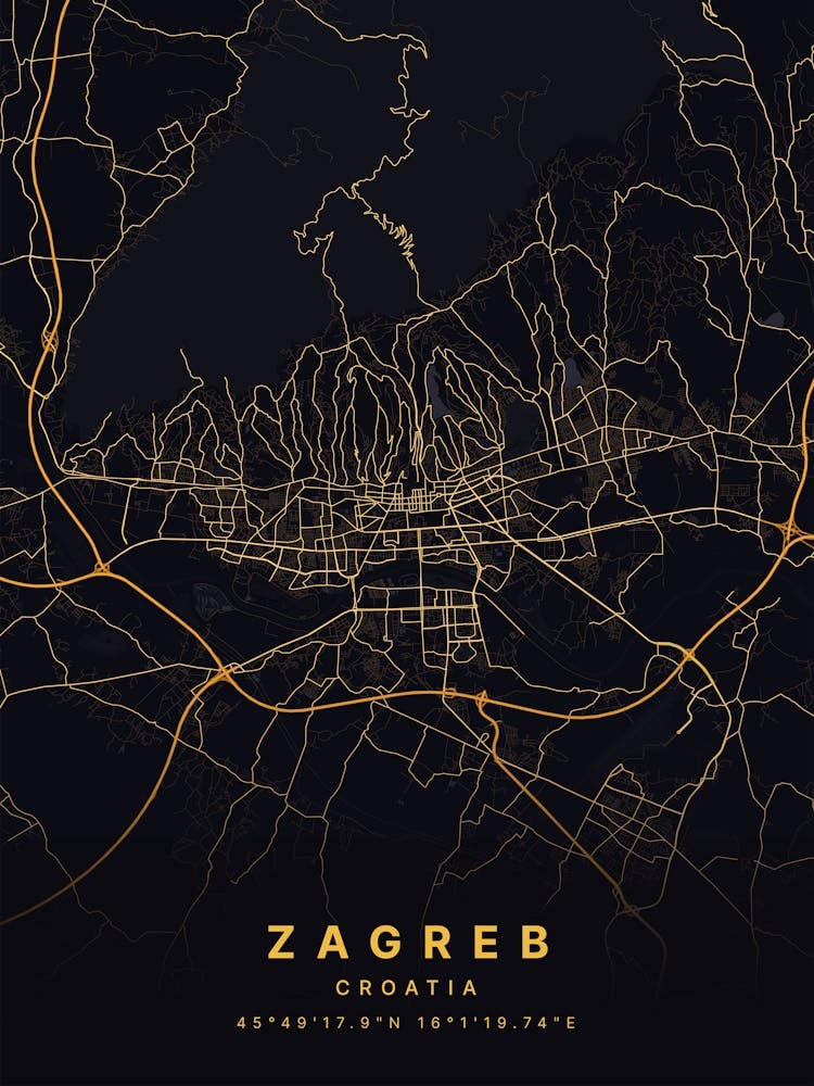 Zagreb Croatia Black And Gold Map