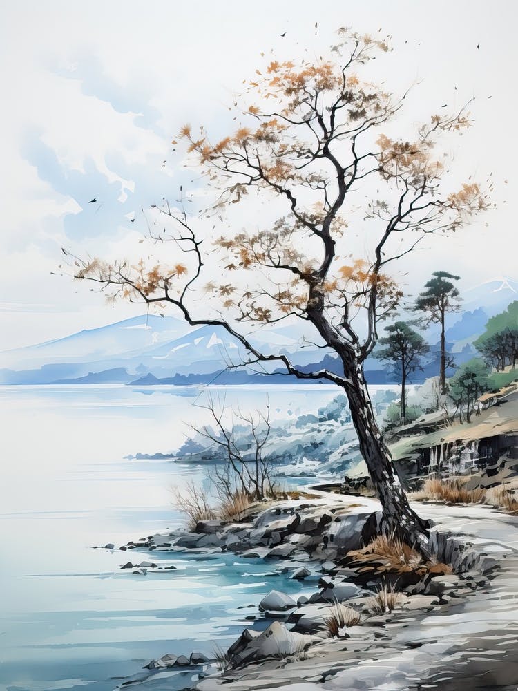 Lake Toya In Hokkaido, Japanese Brush Painting, Ukiyo E, Minimal 2