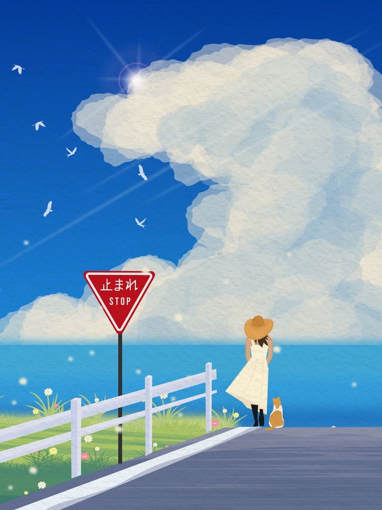 Minimal art Japanese Girl Walking On The Road