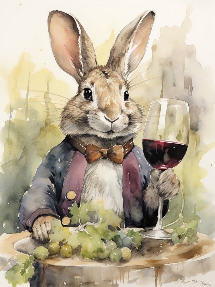 Bunny Tasting Wine Rabbit Prints Watercolour 3