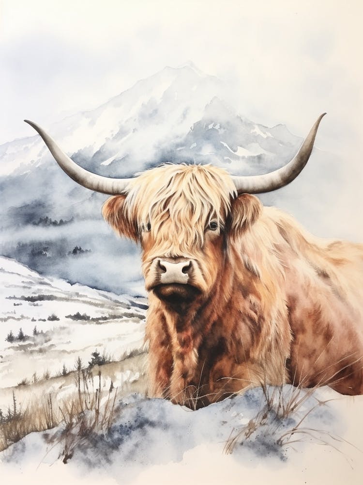 Highland Cow In The Snow Watercolour 1
