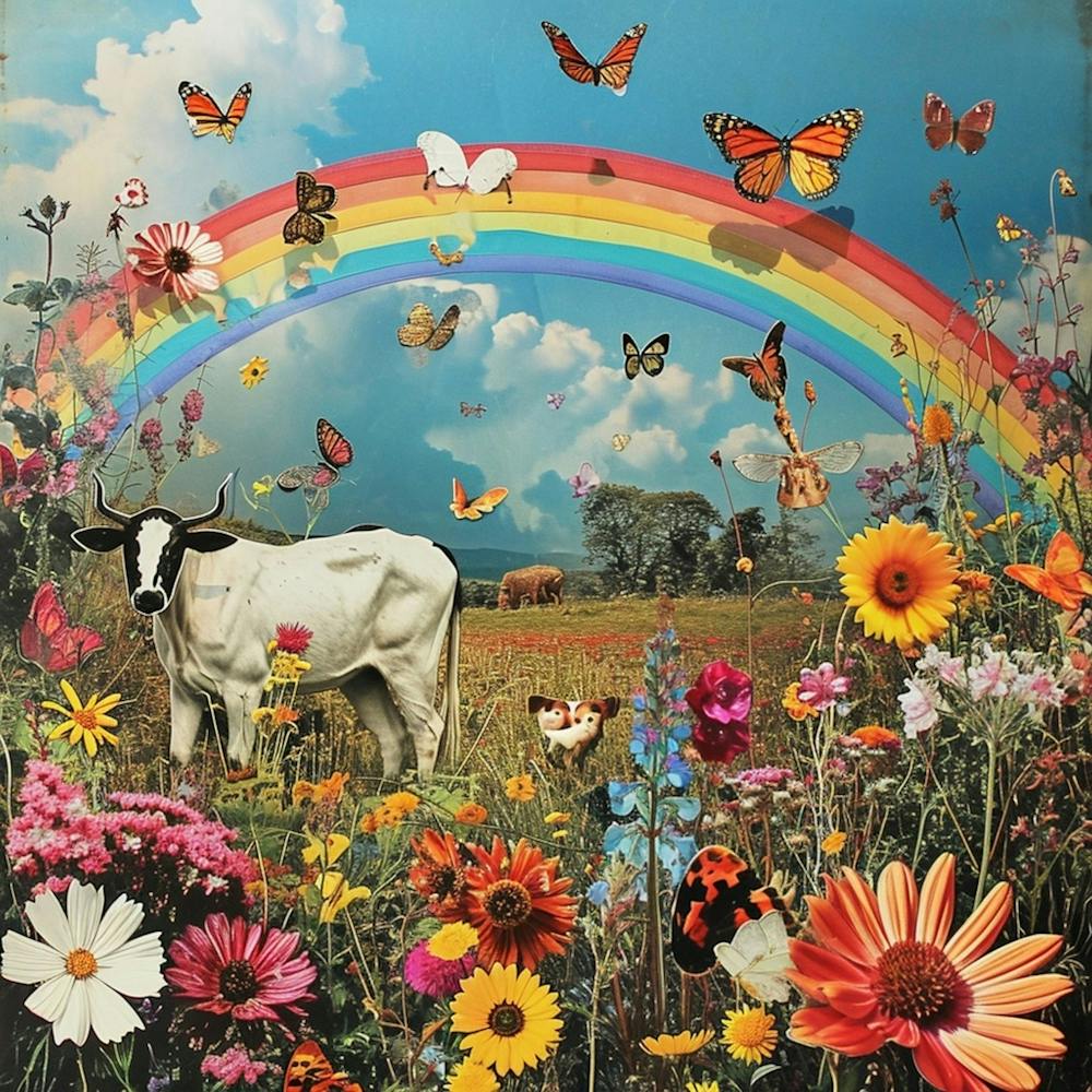 Kuh & Schmetterlinge Regenbogen-Blumen-Collage