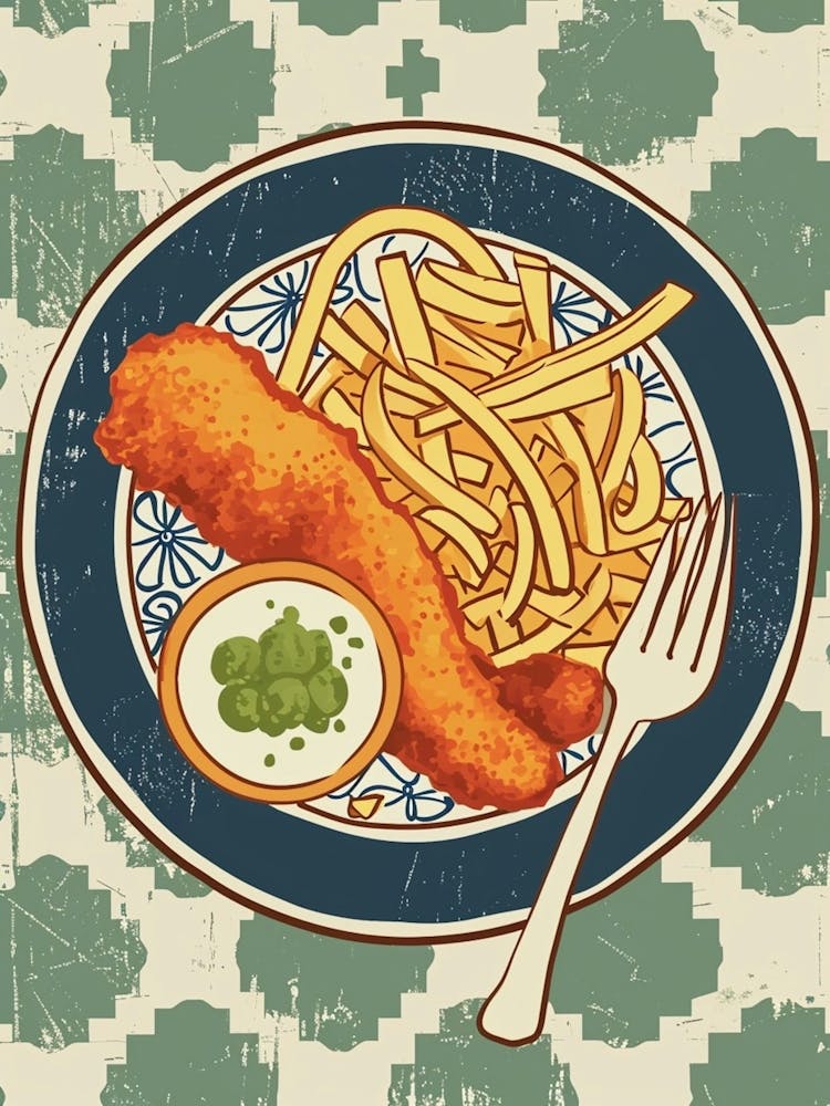 Gourmet Fish & Chips On A Tiled Background