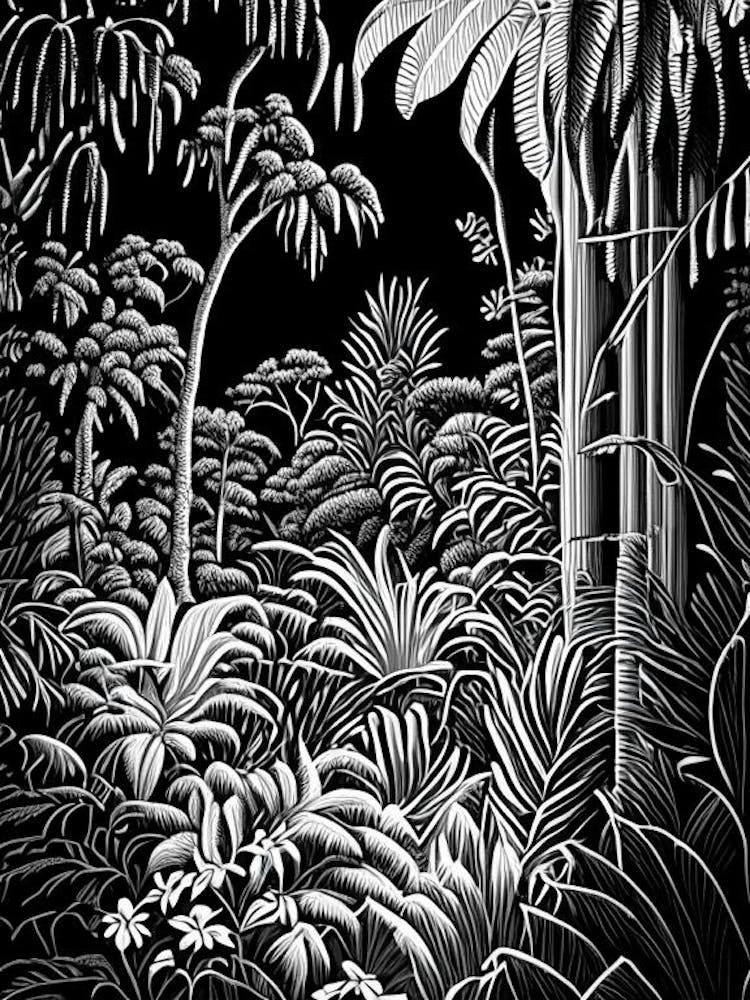 Fairchild Tropical Botanic Garden, 1, Usa Linocut Black And White Vintage