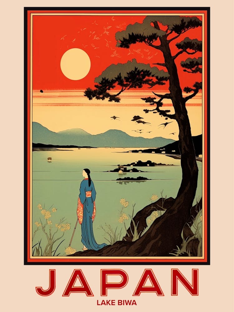 Lake Biwa, Visit Japan Vintage Travel Art 3