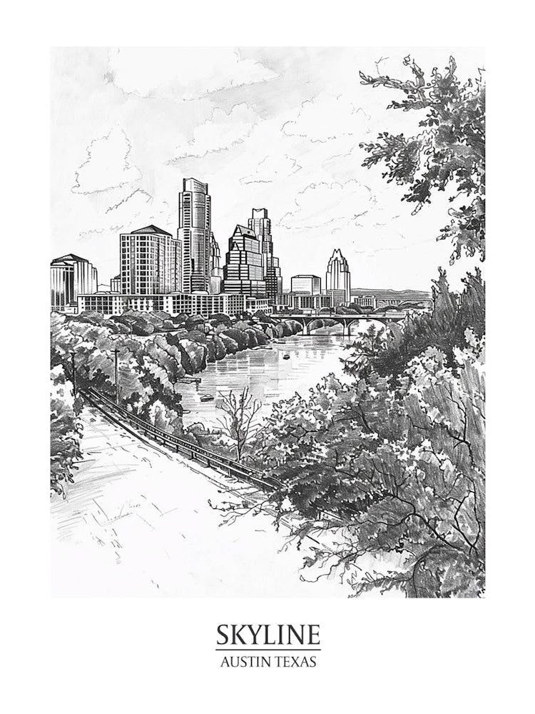 Skyline Austin Texas Black And White Drawing 2 Poster