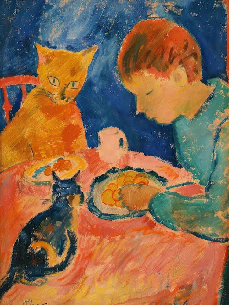 Portrait Of A Boy With Cats Having Dinner 5