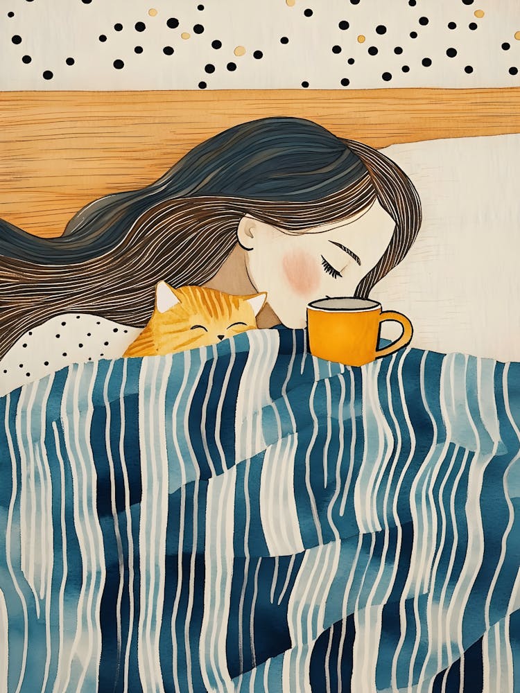 Cat And Girl In Bed