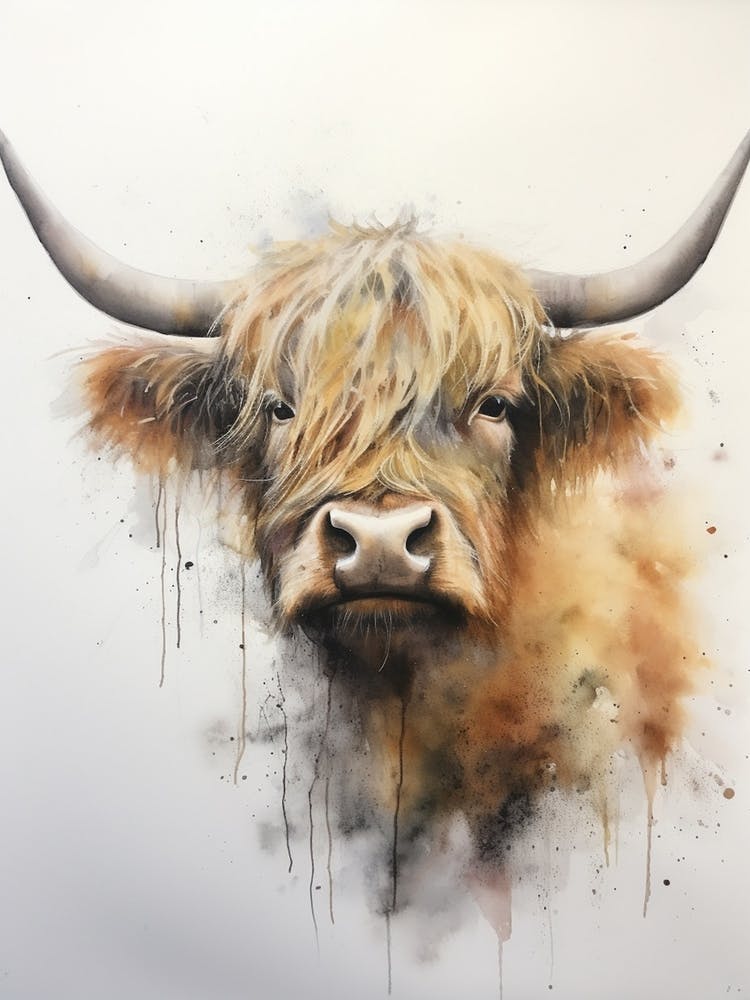 Dripping Paint Watercolour Of A Simple Highland Cow