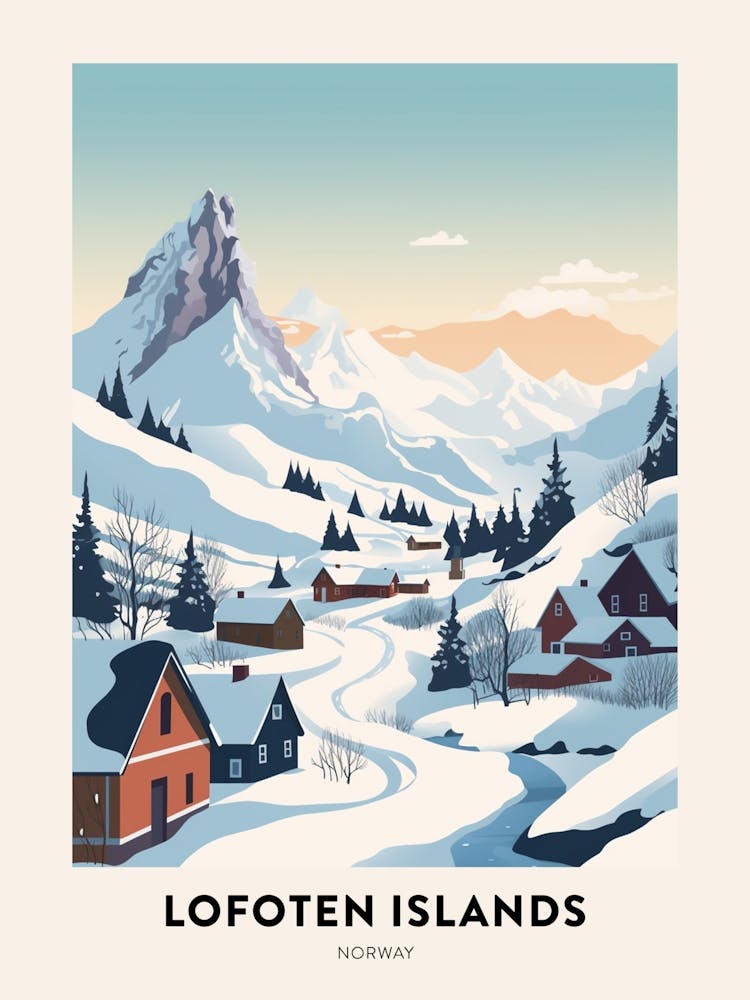 Vintage Winter Travel Poster Lofoten Islands Norway 3
