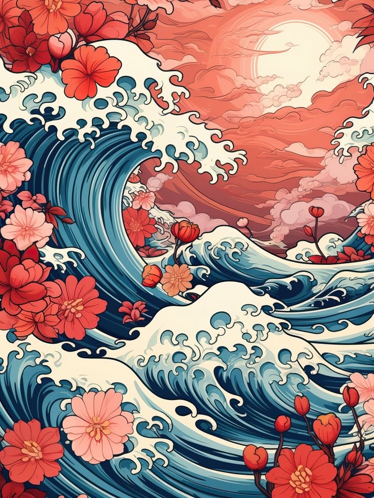 Great Wave With Lotus Flower Drawing In The Style Of Ukiyo E 1