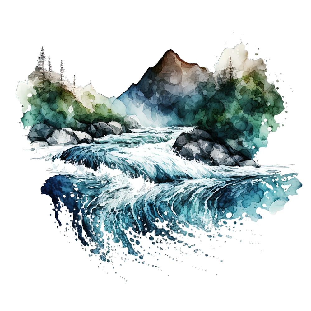 Watercolor Landscape With Mountains And River