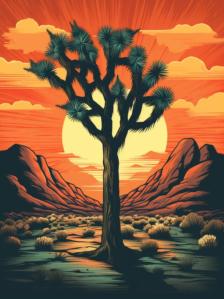 Retro Illustration Of A Joshua Tree At Sunrise 2