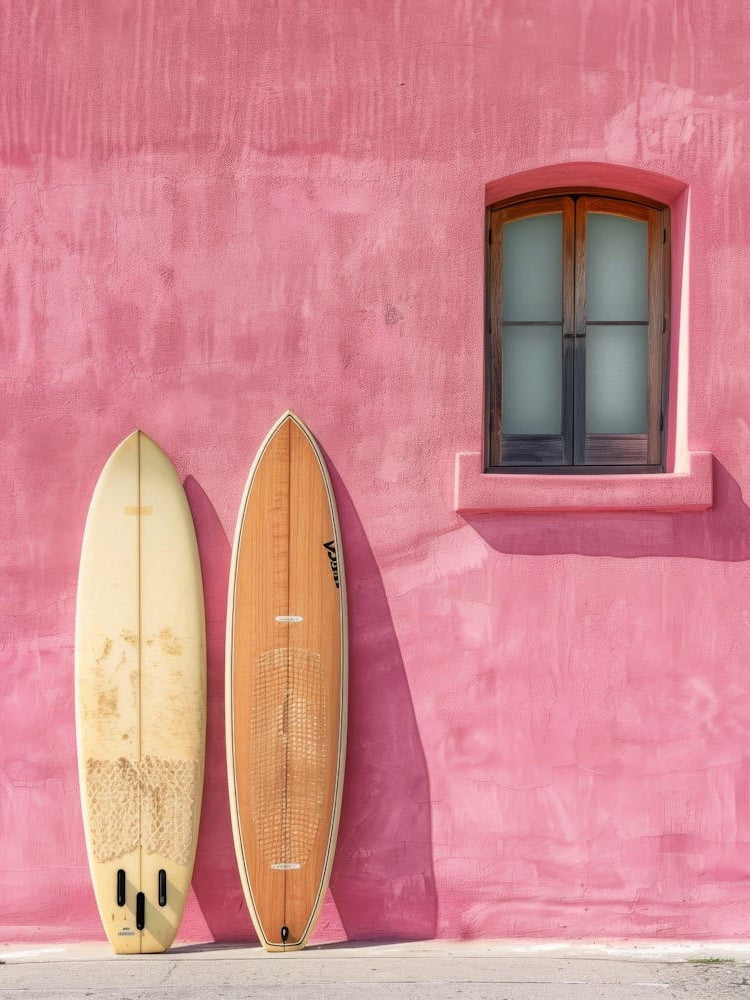 Two Surfboards Leaning Against A Pink Wall