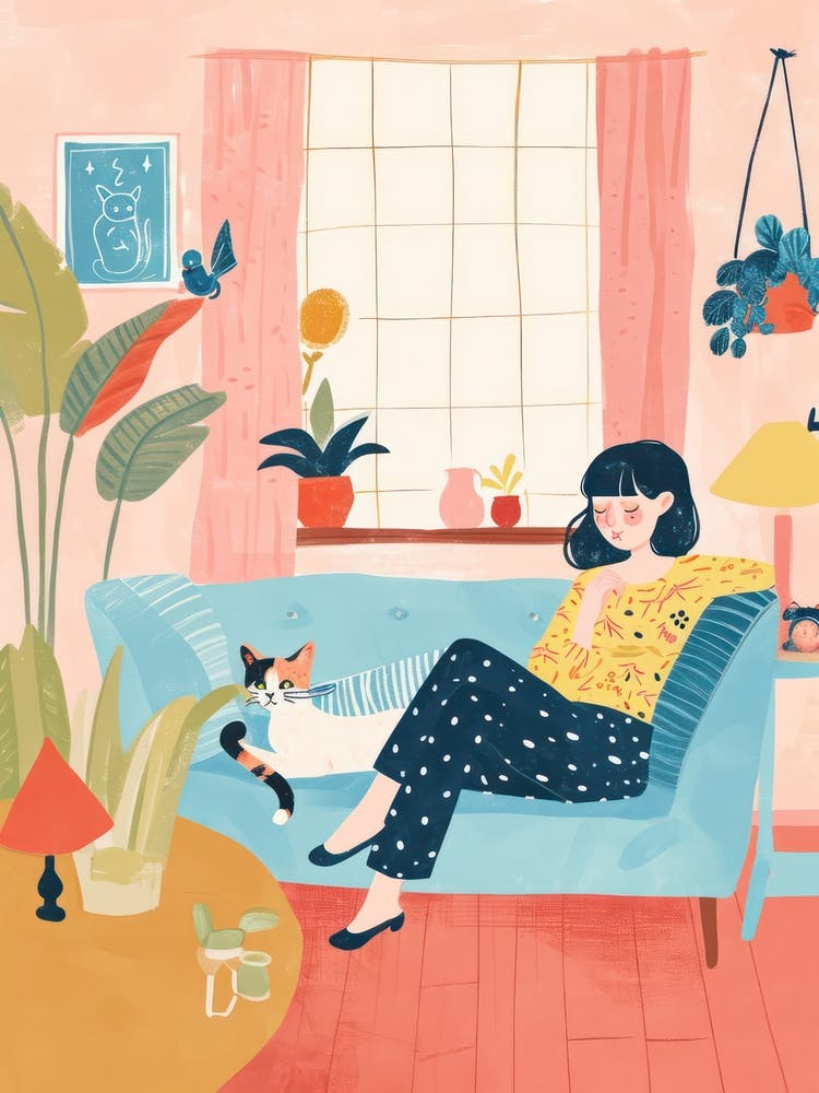 Girl In The Sofa With Pets Tv Lo Fi Kawaii Illustration 4