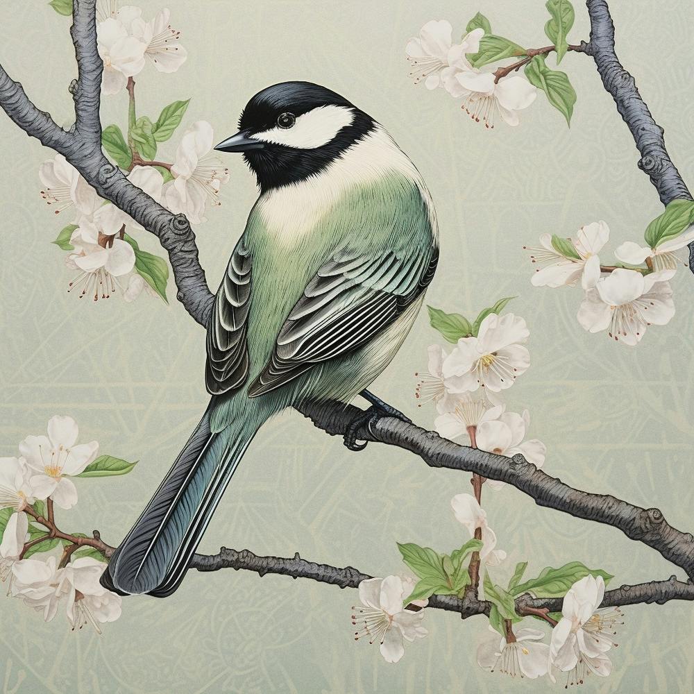 Ohara Koson Inspired Bird Painting Carolina Chickadee 1 Square