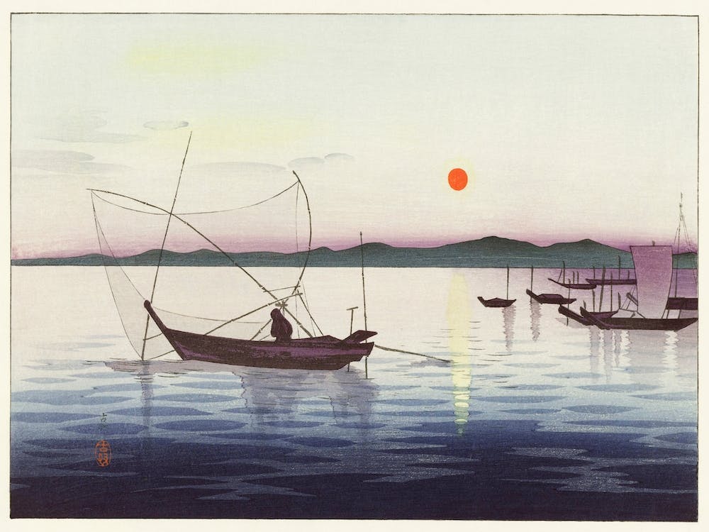 Boats And Setting Sun, Ohara Koson Vintage Japanisch