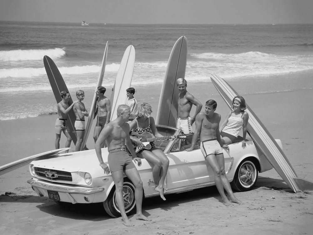 Surfers On The Beach With Car, Black and White Old Photo