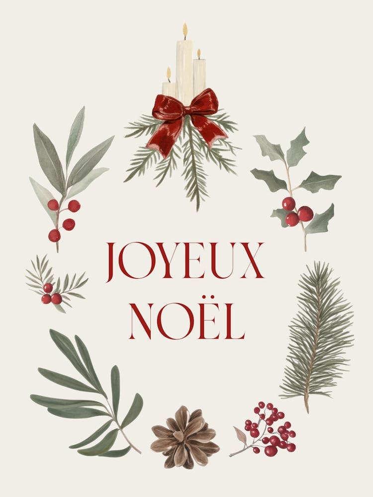 Joyeux Noel. Retro Watercolor Christmas Illustrations with Quote