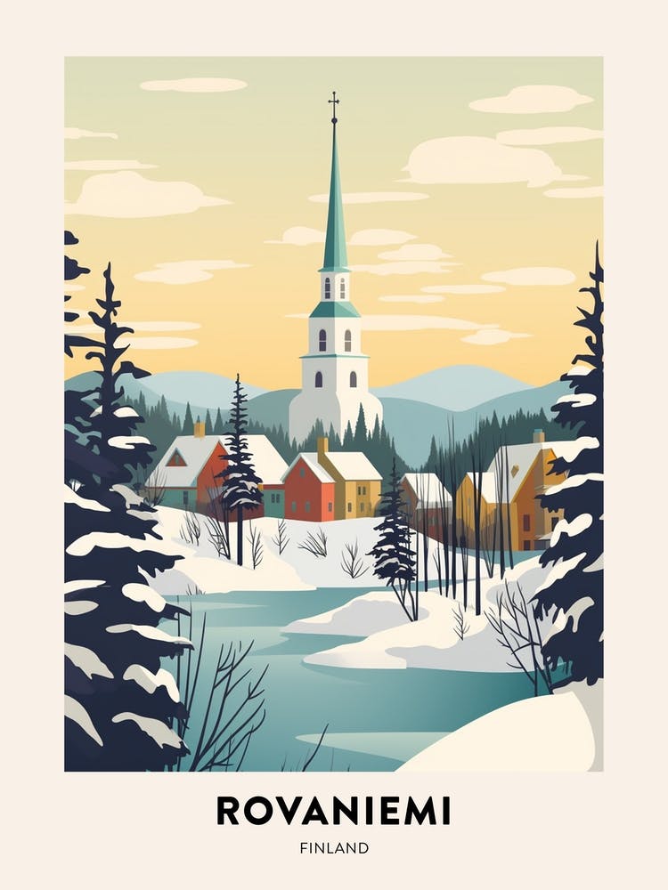Vintage Winter Travel Poster Rovaniemi Finland
