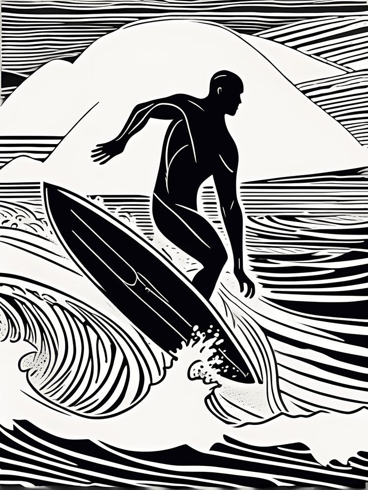 Linocut Black And White Surfer On A Wave art, surfing art, 254