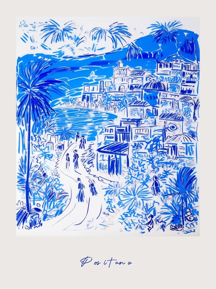 Positano Italy Blue Drawing Poster