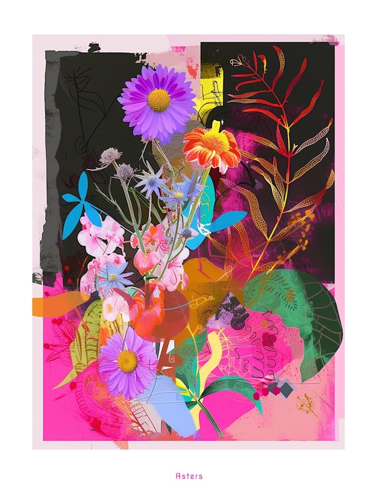 Asters 2 Neon Flower Collage Poster