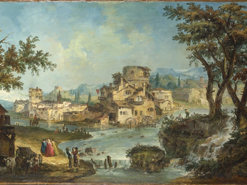 Buildings And Figures Near A River With Rapids, Michele Marieschi