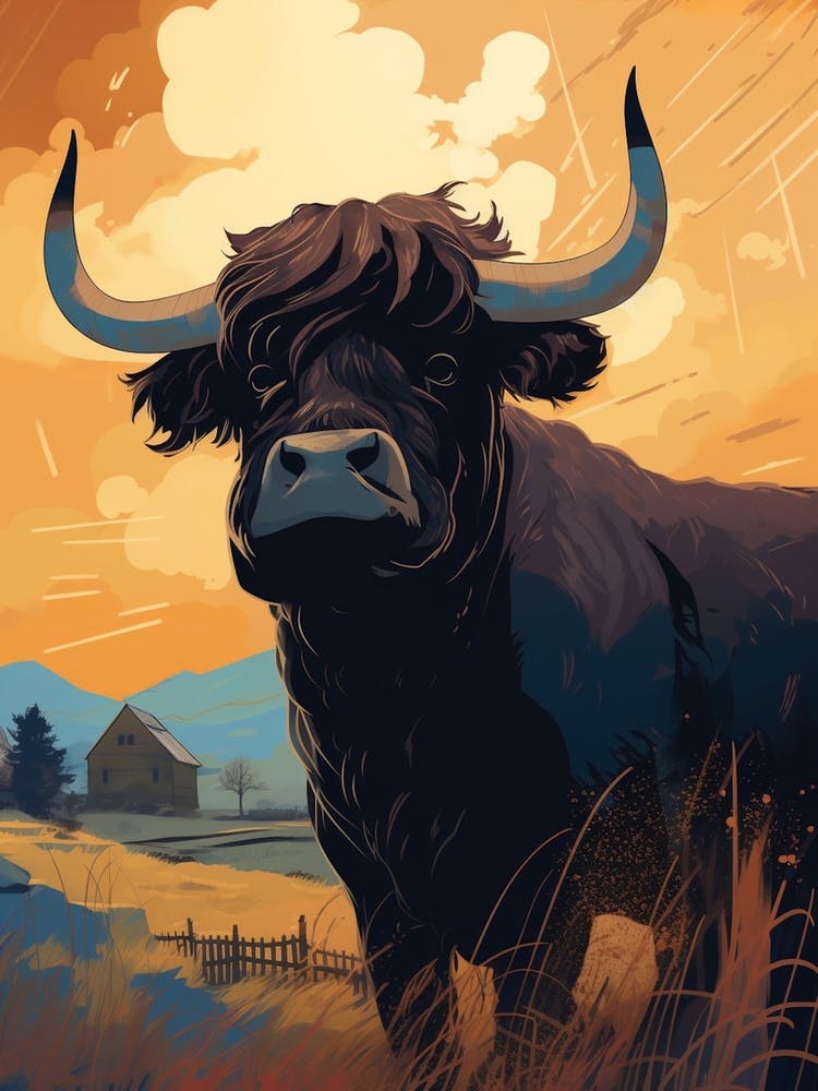 Black Bull In The Field At Sunset