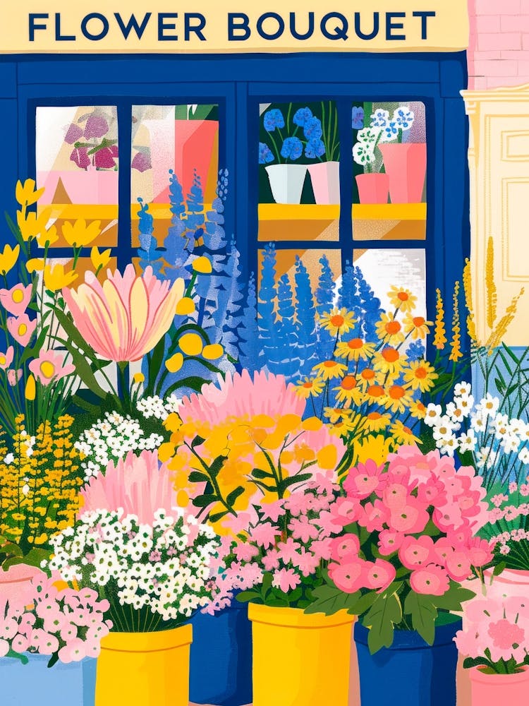 Flower Bouquet Shop. Gouache Travel Illustration