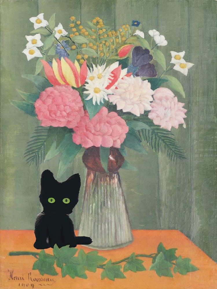 Flowers In A Vase, Henri Rousseau  Inspired Still Life Cat