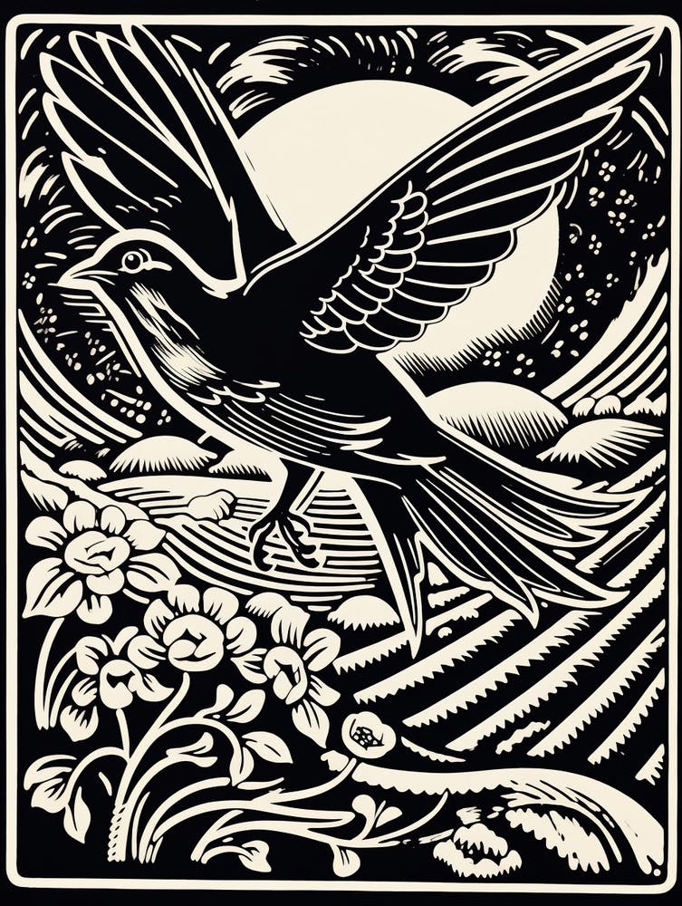 B&W Bird Linocut Barn Swallow 2