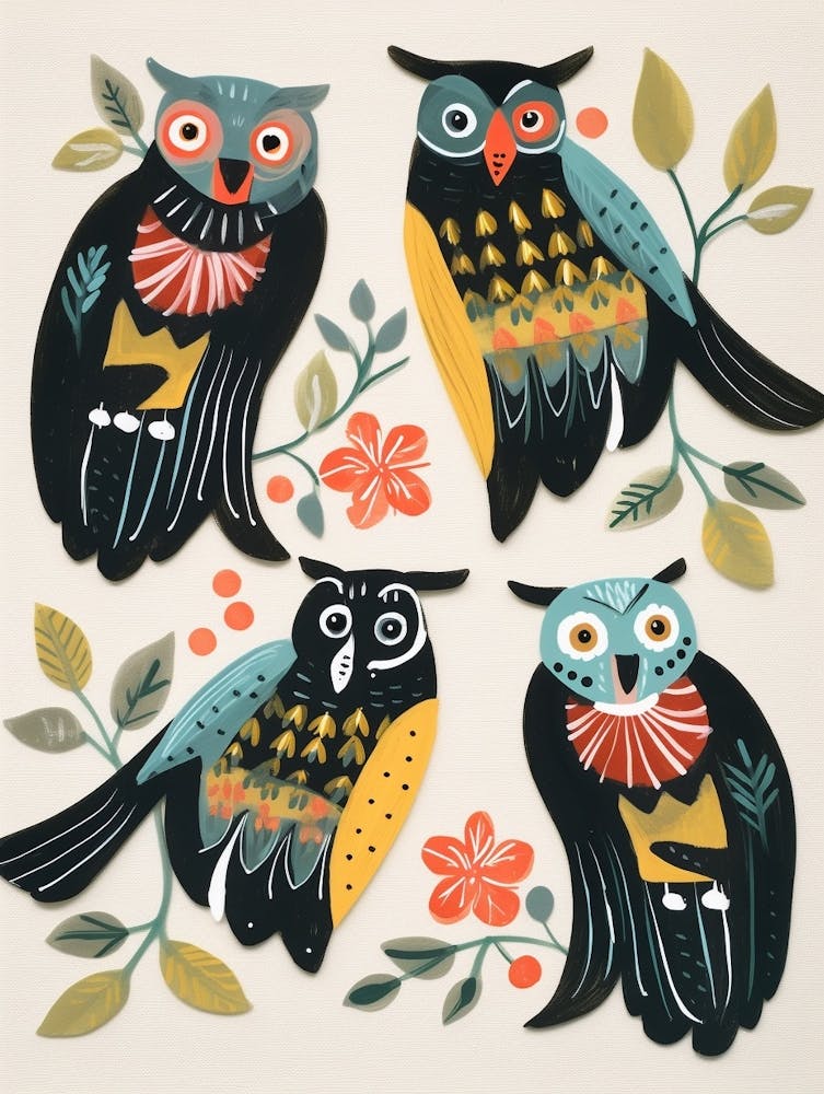 Folk Style Bird Painting Eastern Screech Owl 1