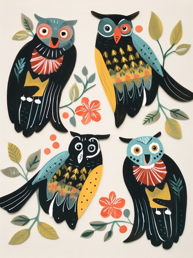 Folk Style Bird Painting Eastern Screech Owl 1