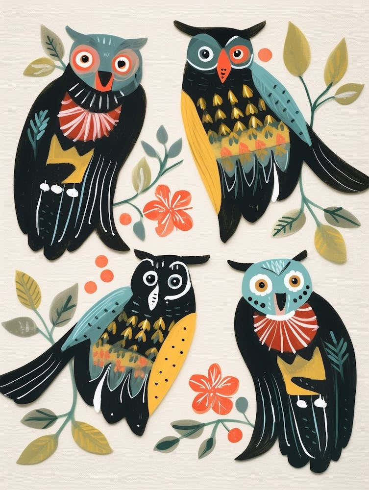 Folk Style Bird Painting Eastern Screech Owl 1