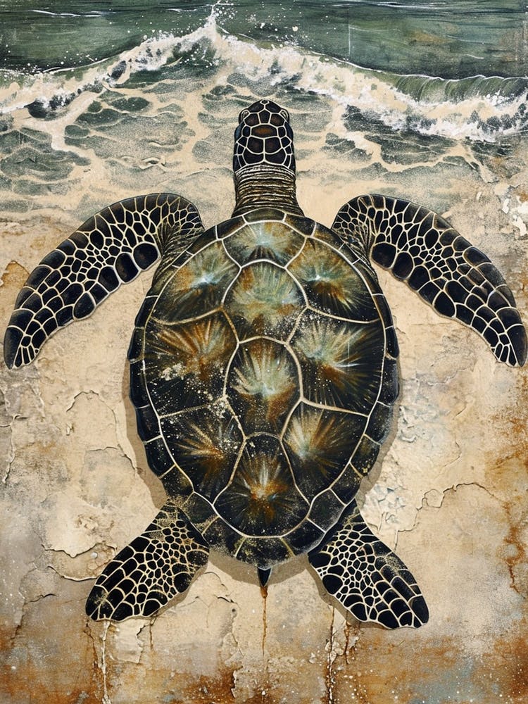 Sea Turtle & The Waves Vintage Illustration 1