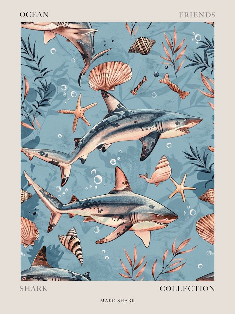 Pastel Blue Mako Shark Watercolour Seascape Pattern 1 Poster
