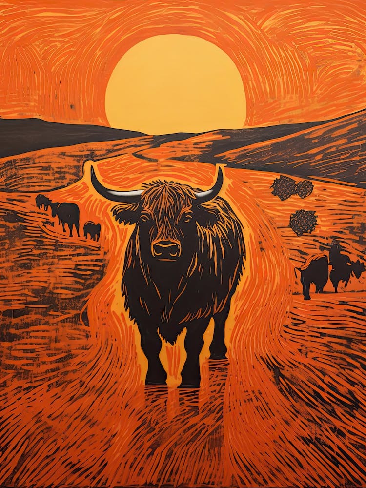 Highland Cattle, Woodblock Animal Drawing 1