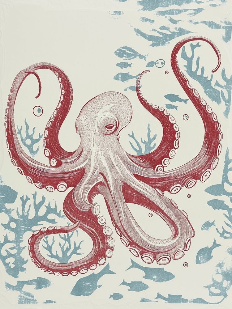 Octopus Making Bubbles Linocut Inspired 2