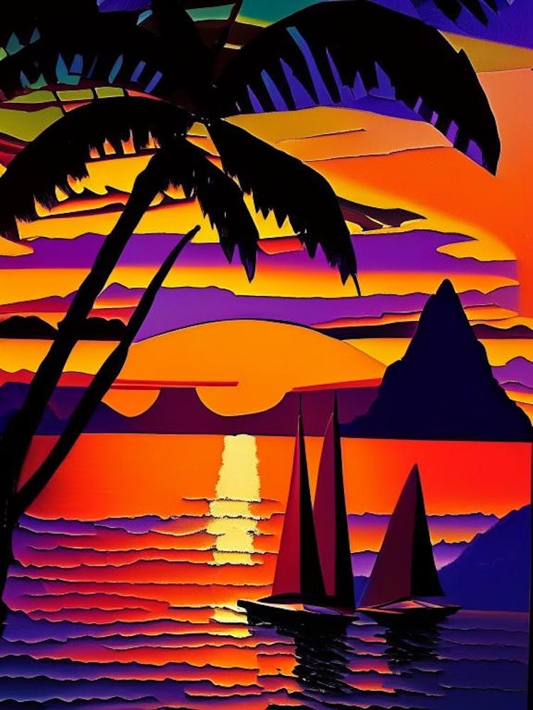 Palm Tree Boat Sunset